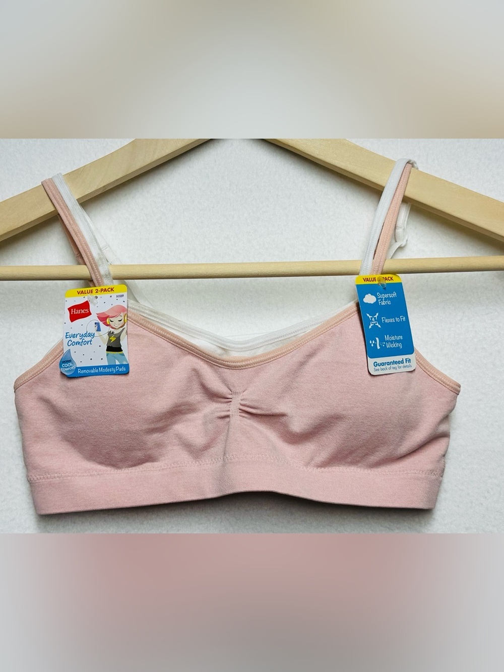 Hanes Girls Everyday Comfort Bralette 2‑Pack NWT – White & Pink – Medium